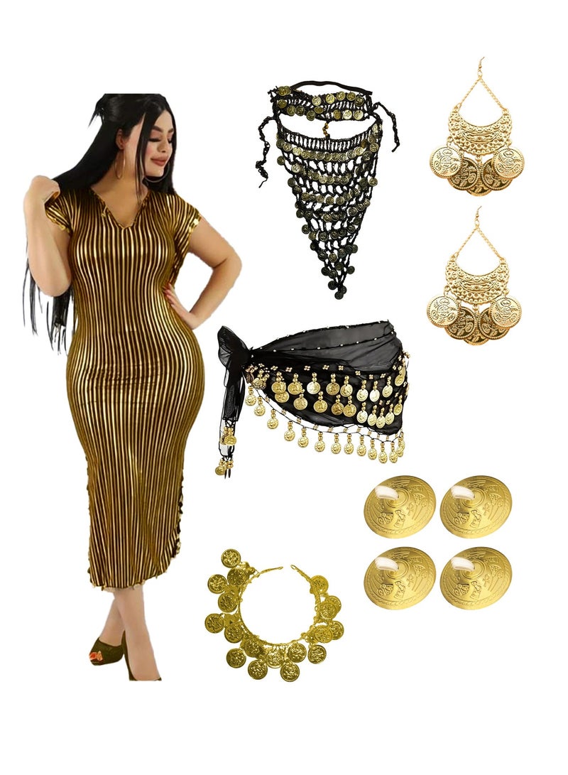 6 pieces set Oriental belly dance outfit smooth comfortable movement size from small-medium, belly dance costume for parties performance traditional Lebanese Turkish Egyptian jalabiya, galabeya (Gold Set Small) - Image 1
